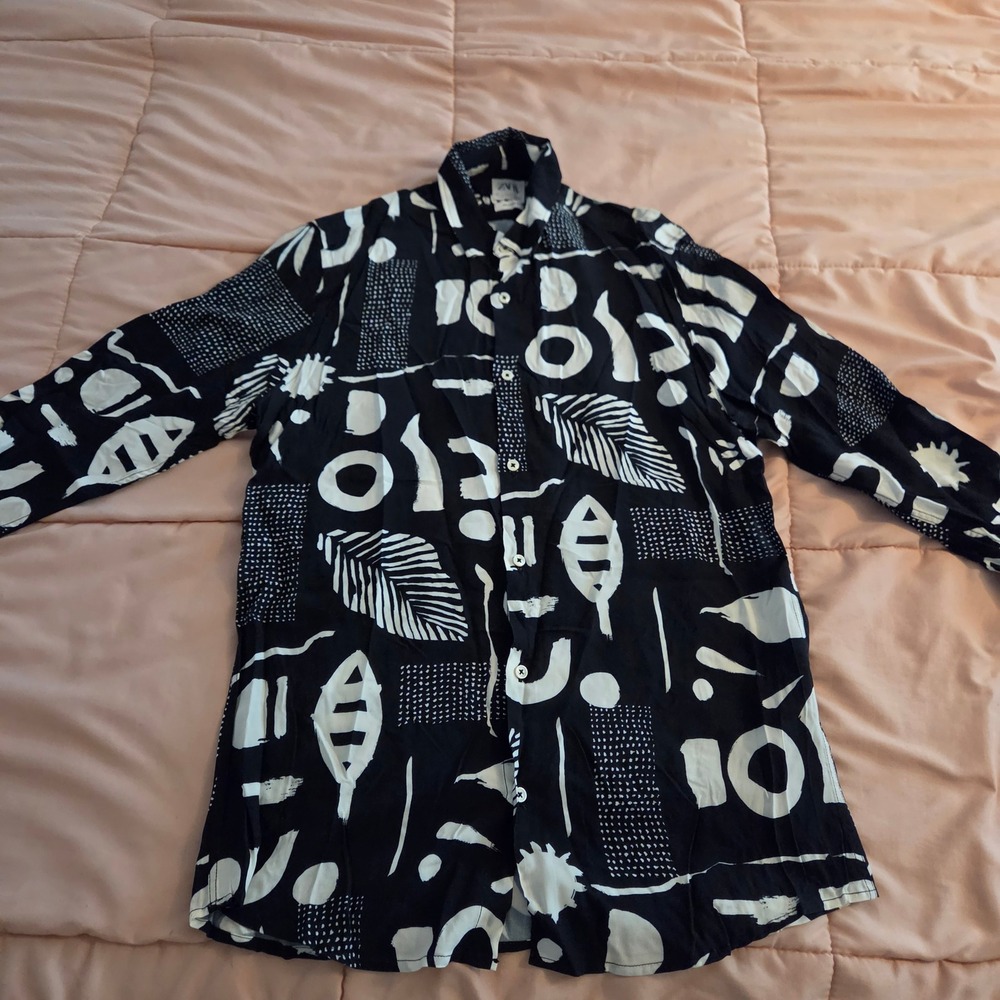 Zara Relaxed Fit Abstract Geometric Viscose Button Down Shirt Black White S